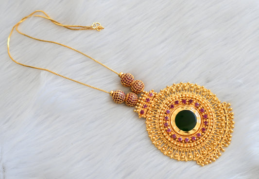 Gold tone pink-green round pendant Kerala style kodi necklace dj-40826