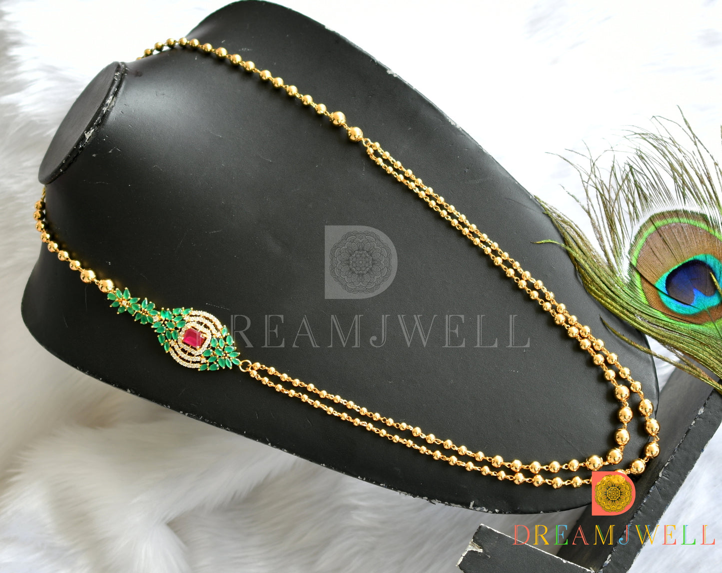 Gold tone ruby-emerald-white double layer haar dj-37697