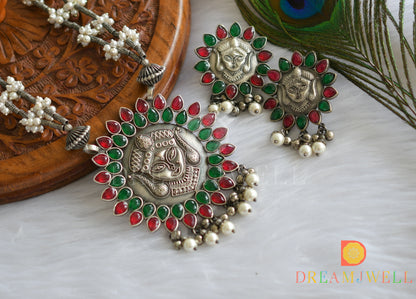 Silver look alike Ma-Durga red-green stone pearl haar set dj-38483