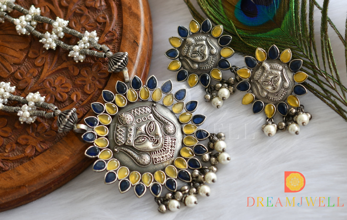 Silver look alike Ma-Durga blue-yellow stone pearl haar set dj-38484