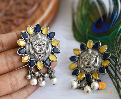 Silver look alike Ma-Durga blue-yellow stone pearl haar set dj-38484