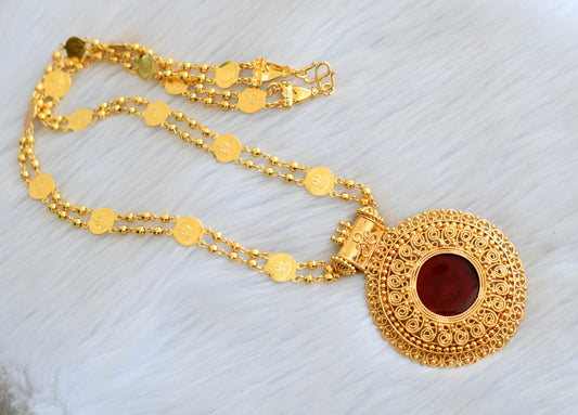 Gold tone Kerala style red round pendant with Lakshmi coin chain  dj-40827