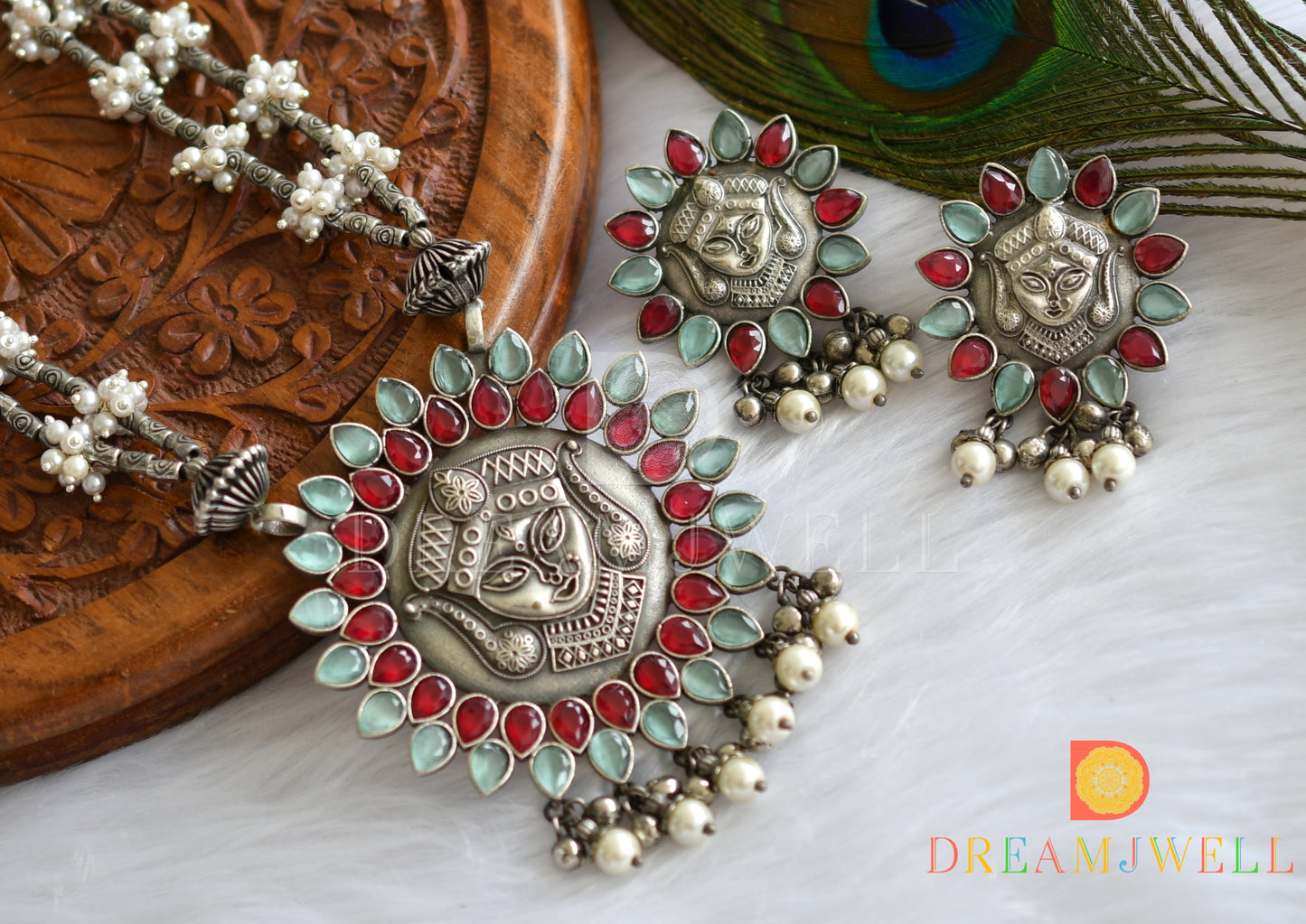 Silver look alike Ma-Durga sky red-sea green stone pearl haar set dj-38485