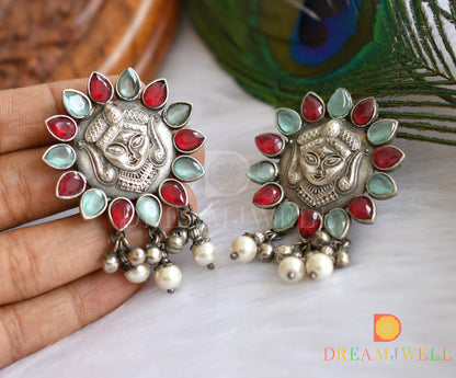 Silver look alike Ma-Durga sky red-sea green stone pearl haar set dj-38485
