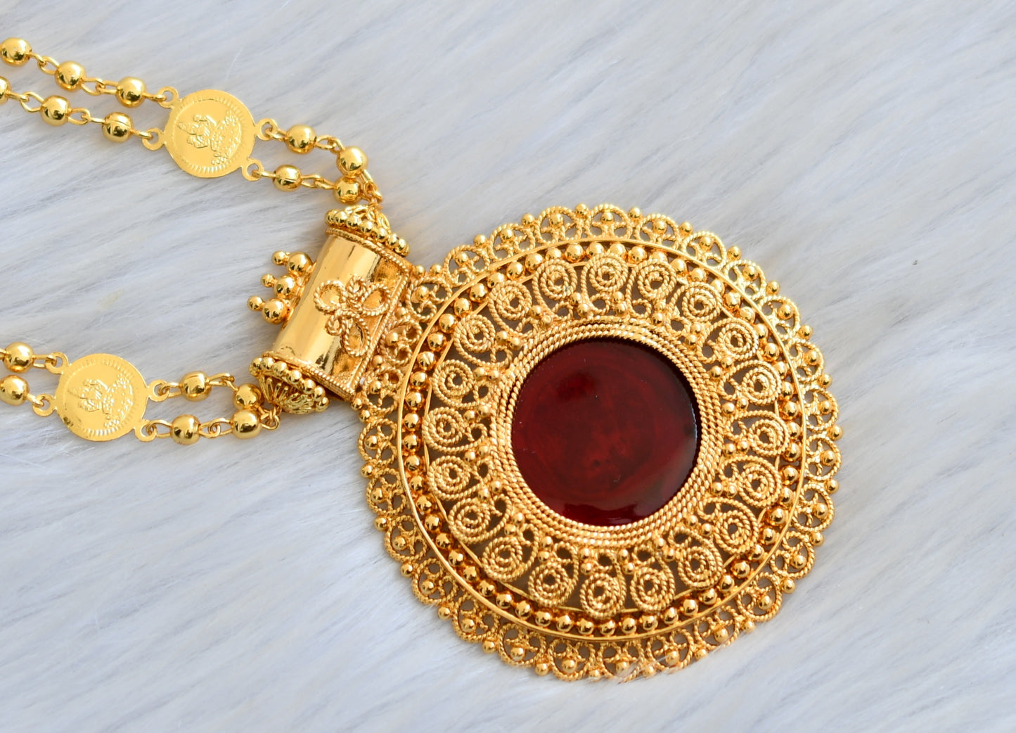 Gold tone Kerala style red round pendant with Lakshmi coin chain  dj-40827