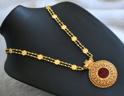 Gold tone Kerala style red round pendant with Lakshmi coin chain  dj-40827