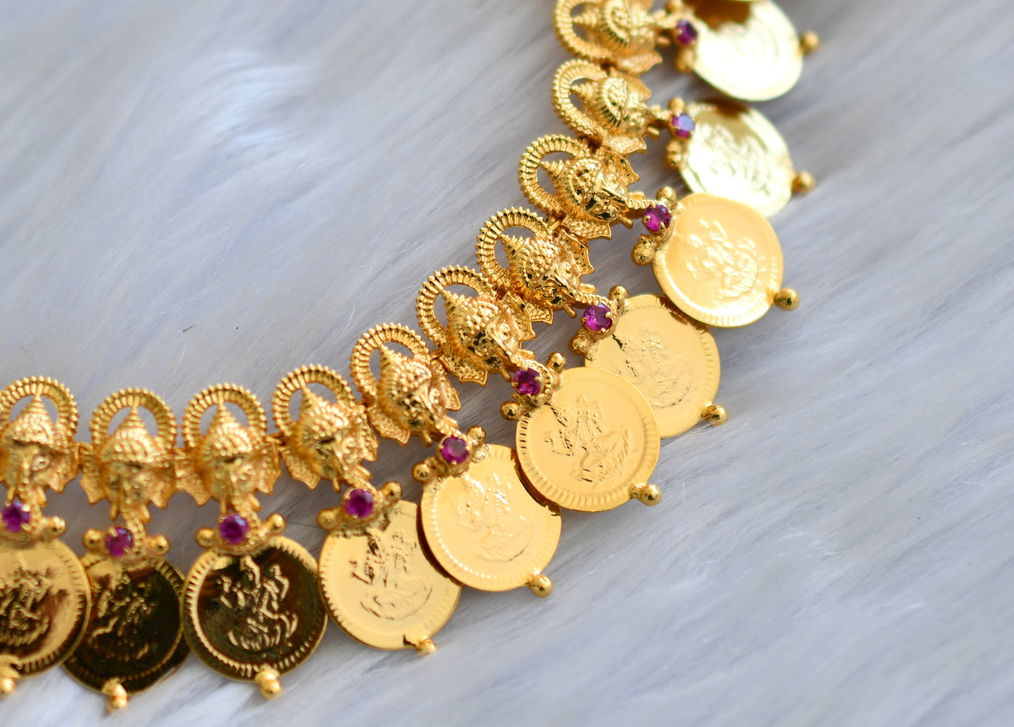 Gold tone pink stone Lakshmi coin Ganesha Kerala style necklace dj-40825