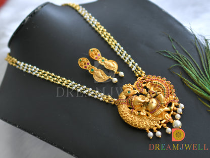 Matte finish ruby-emerald Ganesha-peacock pendant pearl necklace set dj-37691