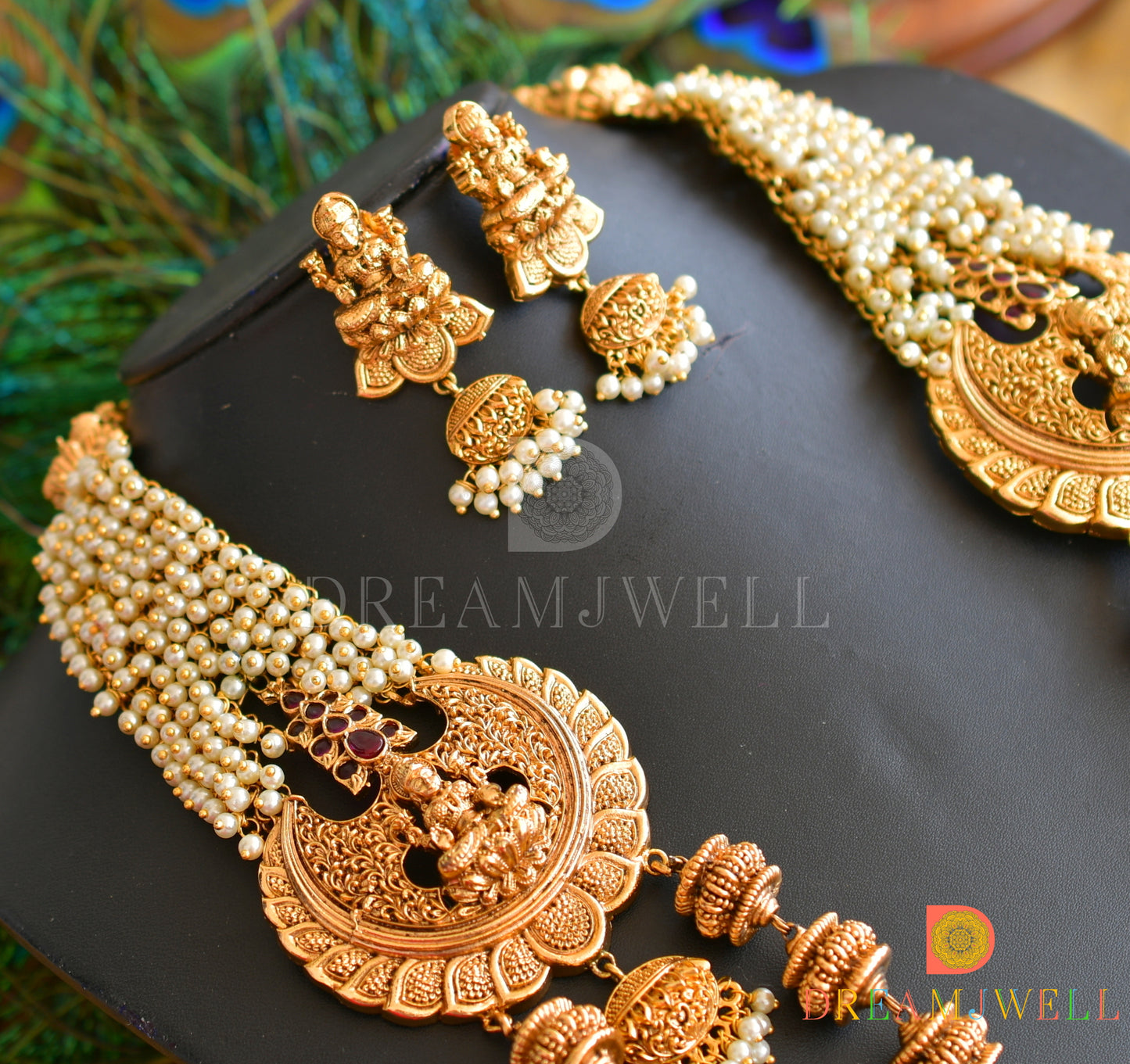 Matte finish Kemp pearl cluster Lakshmi beaded haar set dj-36164