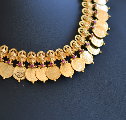 Gold tone pink stone Lakshmi coin Ganesha Kerala style necklace dj-40825