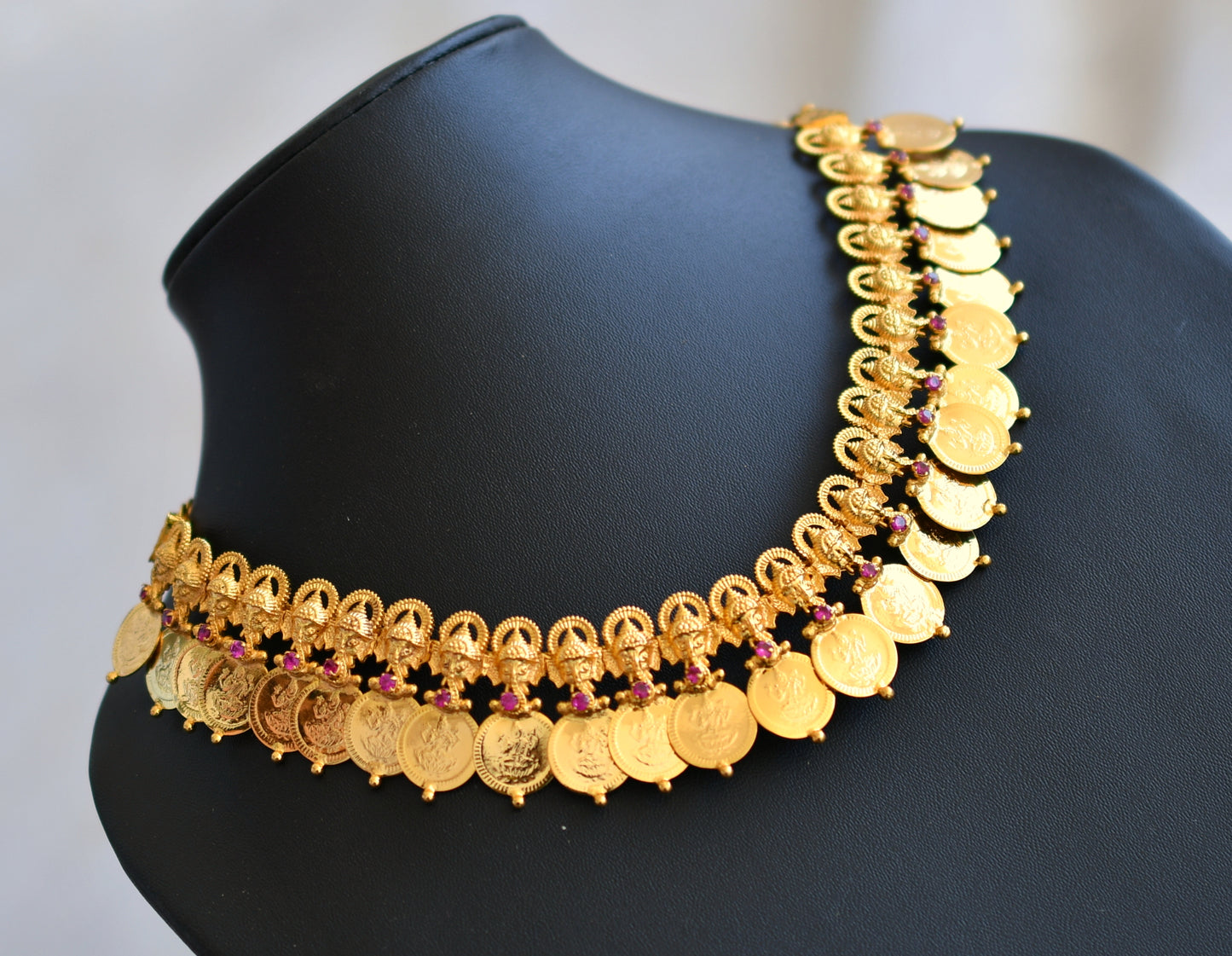 Gold tone pink stone Lakshmi coin Ganesha Kerala style necklace dj-40825