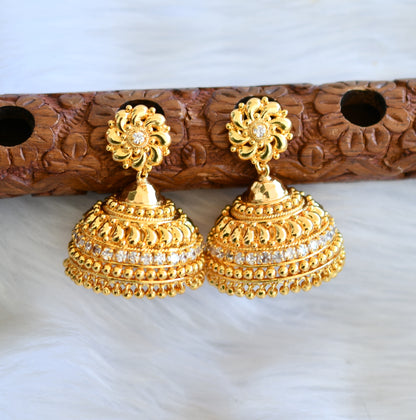 Gold tone white stone Kerala style jhumkka dj-40842