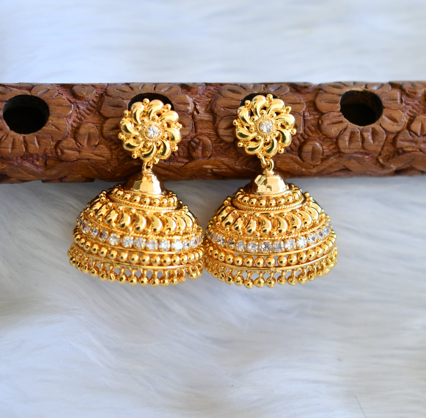 Gold tone white stone Kerala style jhumkka dj-40842