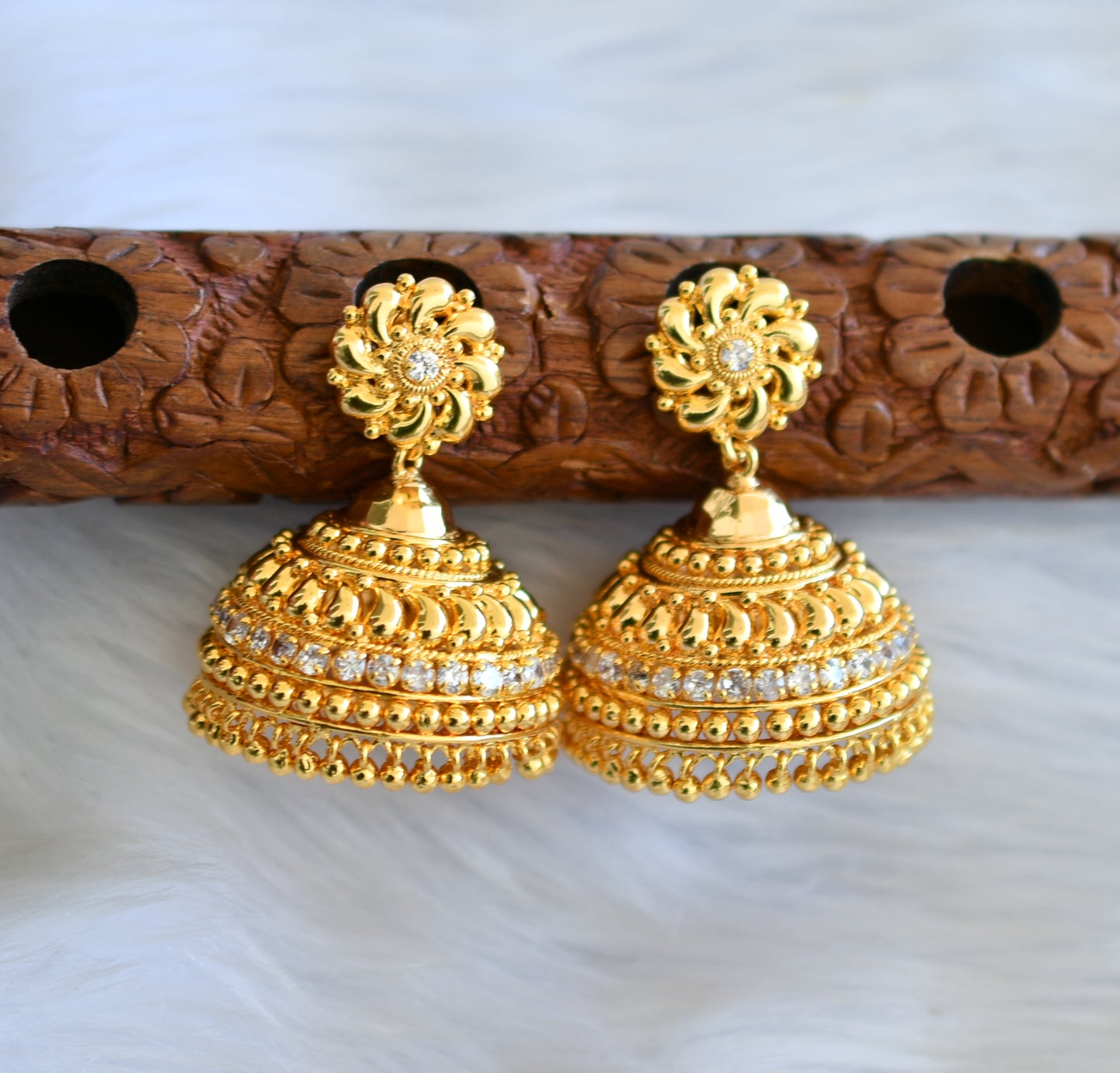 Gold tone white stone Kerala style jhumkka dj-40842