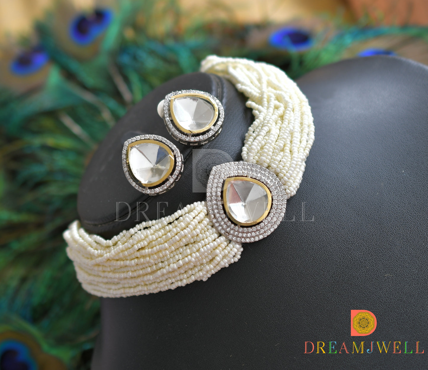 Two tone cz white kundan choker necklace set dj-36896