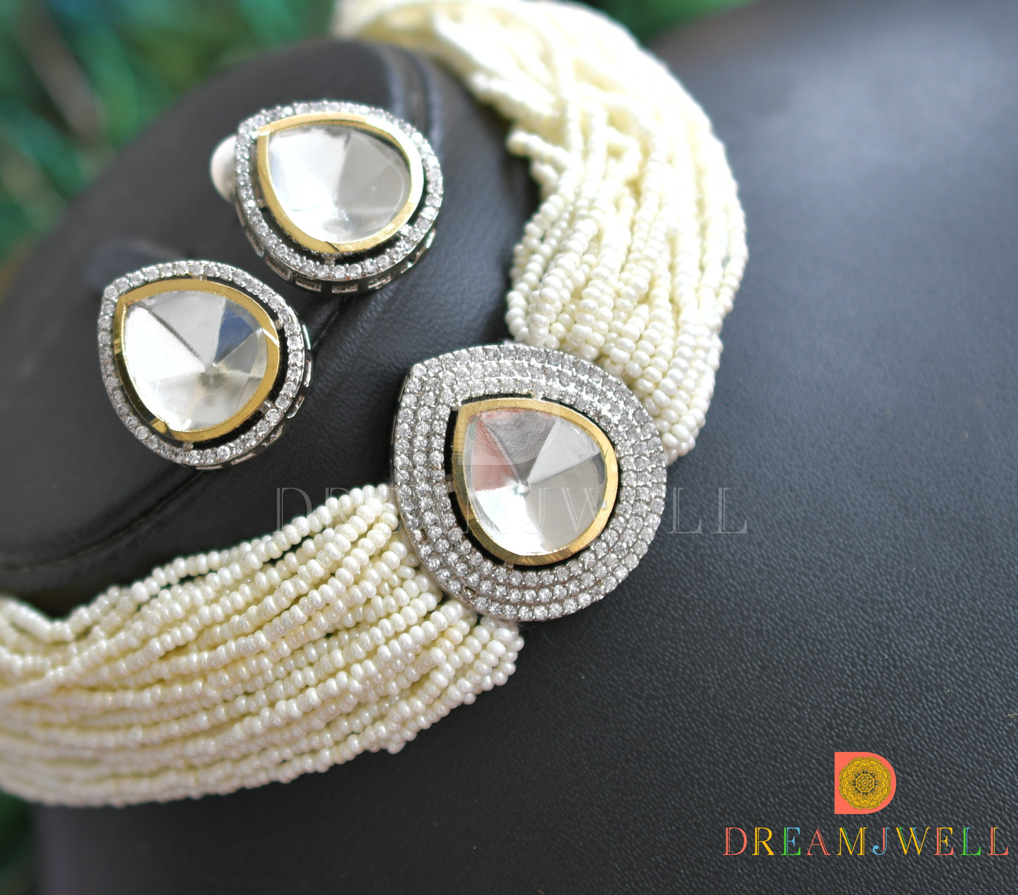 Two tone cz white kundan choker necklace set dj-36896