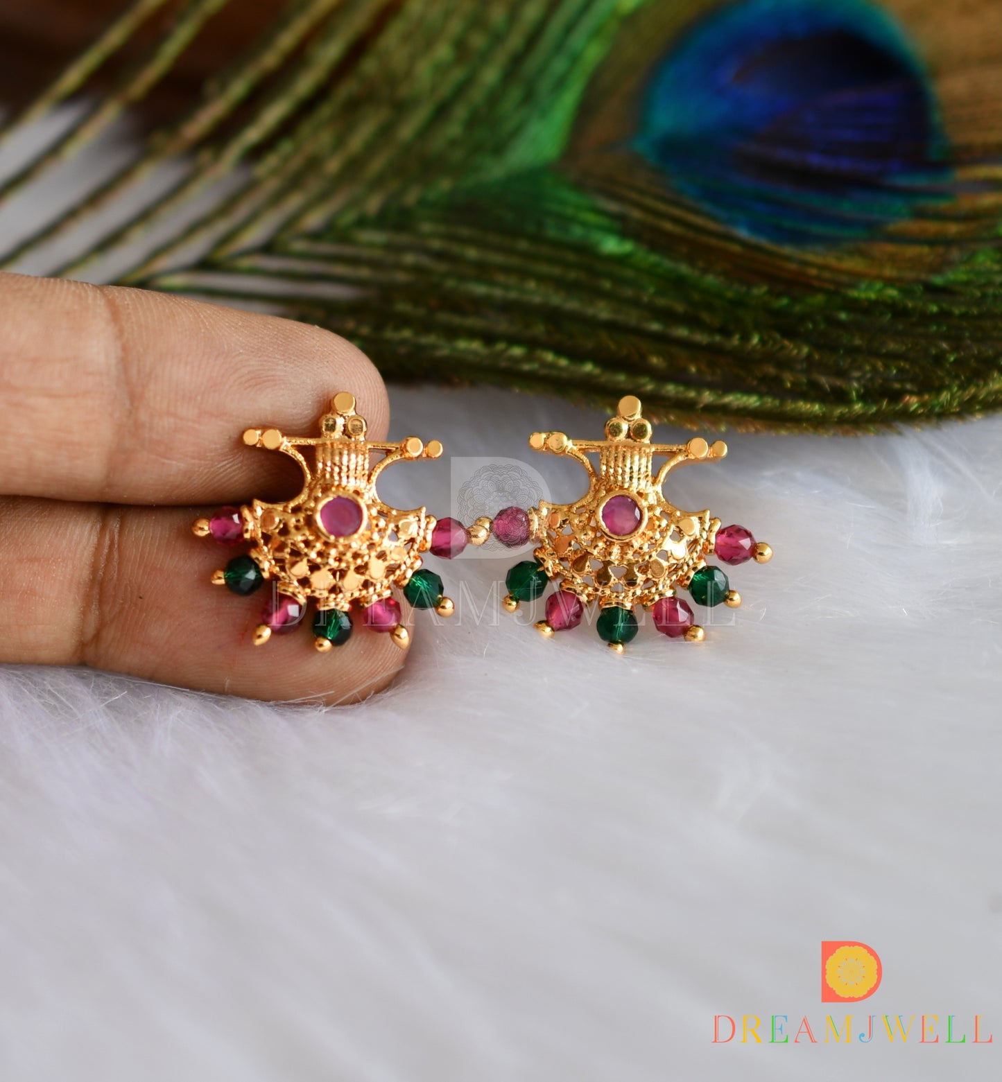 Gold tone pink-green earrings dj-38492