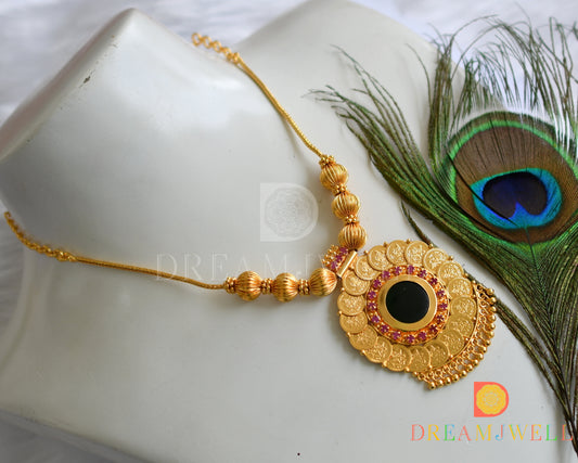 Gold tone pink-green round Lakshmi coin Kerala style necklace dj-37668