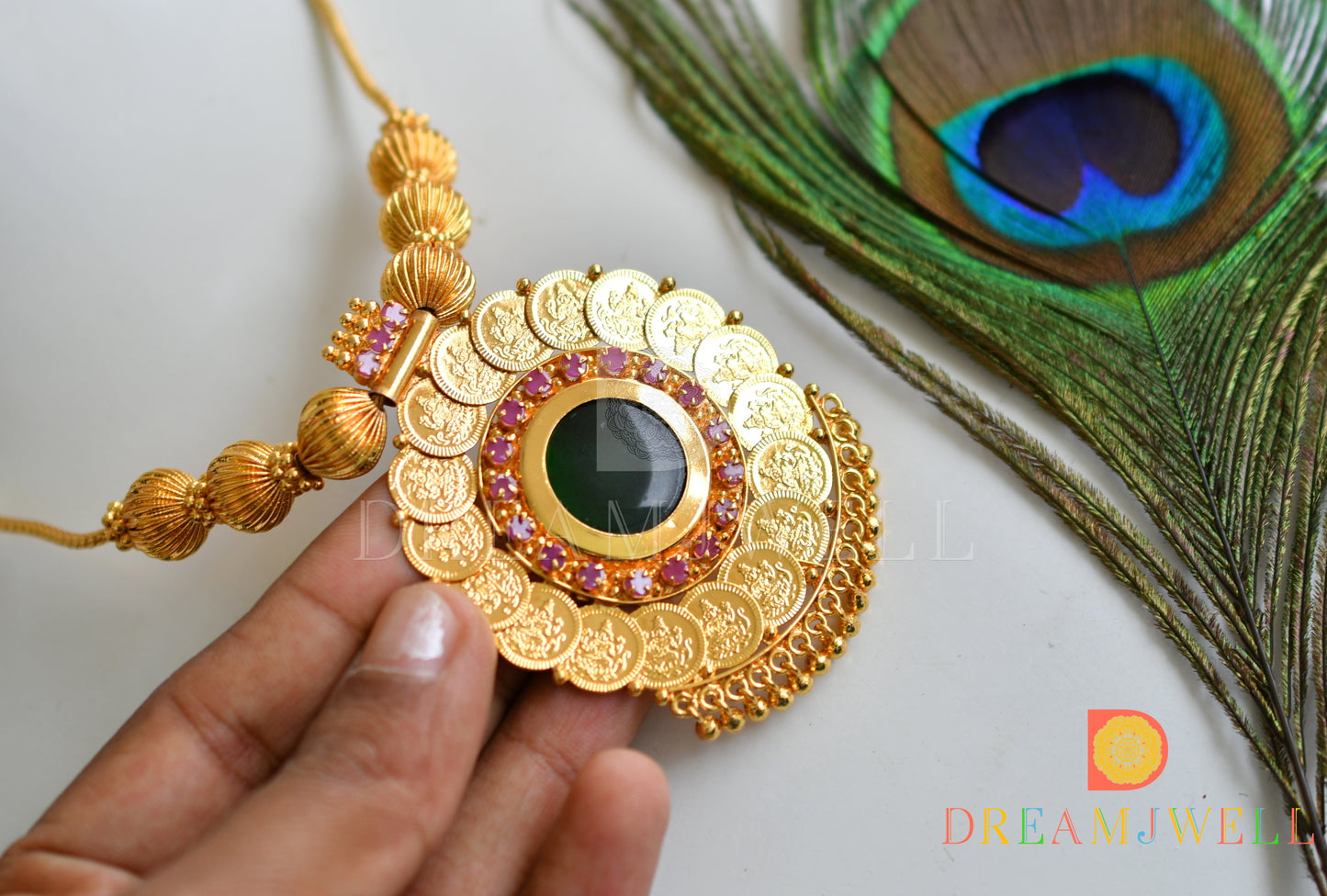 Gold tone pink-green round Lakshmi coin Kerala style necklace dj-37668