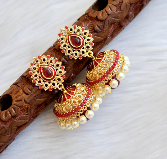 Antique gold tone maroon pearl Meenakari Jhumkka dj-01519