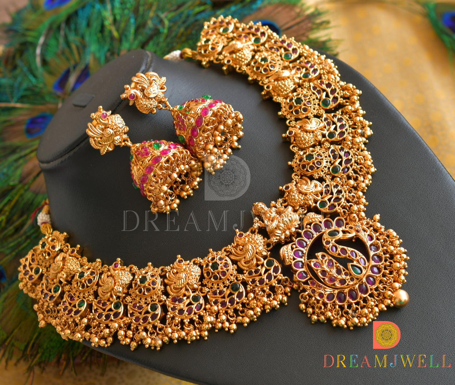 Matte finish kemp-green swan-Lakshmi designer necklace set dj-36187