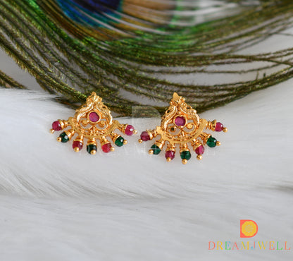 Gold tone pink-green peacock earrings dj-38497