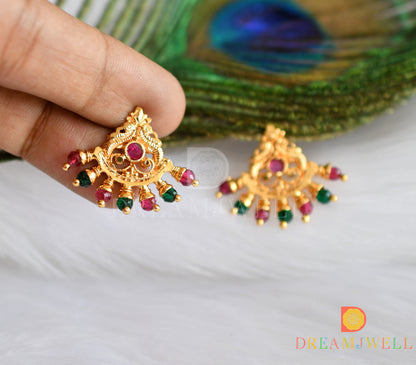 Gold tone pink-green peacock earrings dj-38497