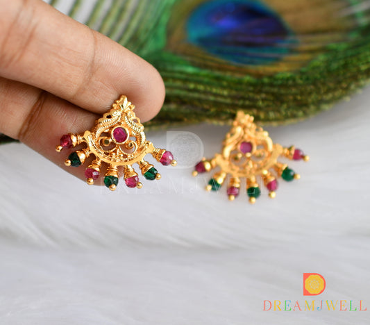 Gold tone pink-green peacock earrings dj-38497