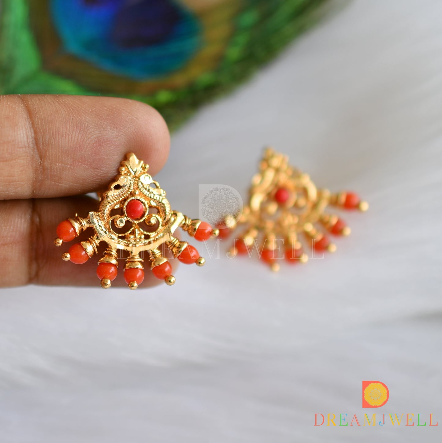 Gold tone coral peacock earrings dj-38498