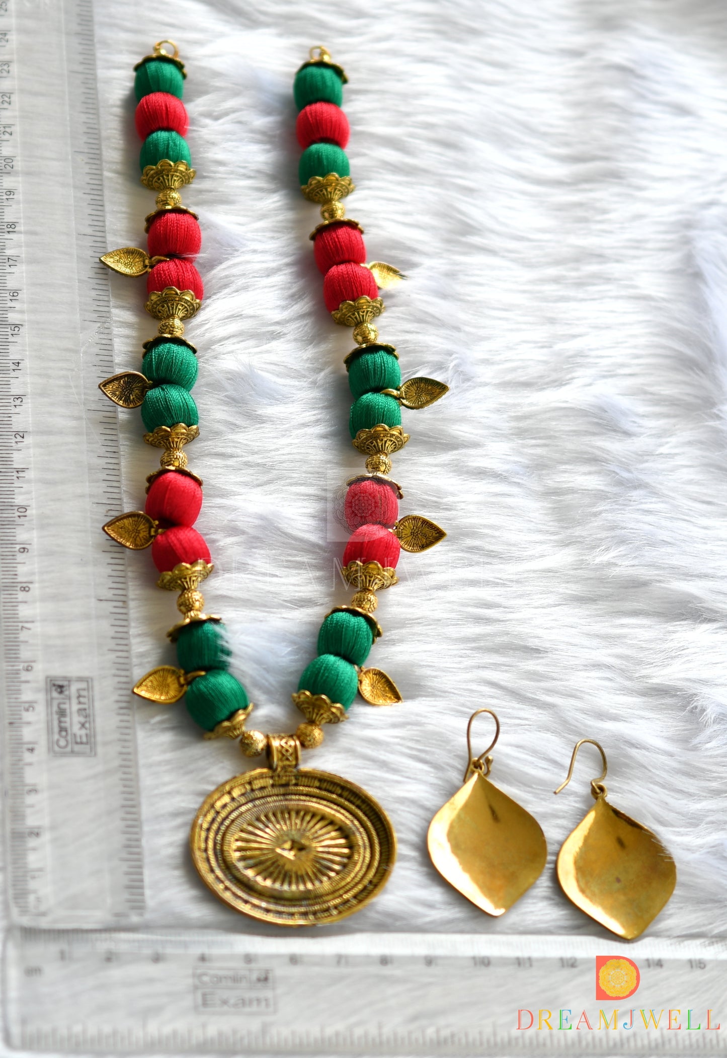 Antique red-green silk thread necklace set dj-37704