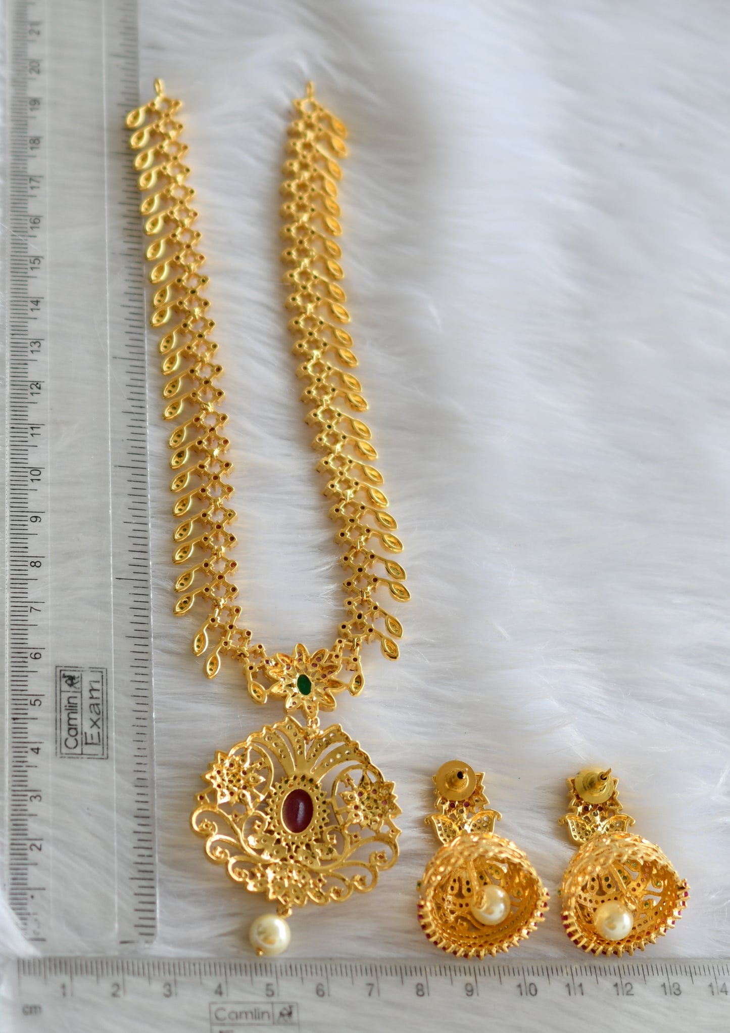 Gold tone cz ruby-emerald mango necklace set dj-20901