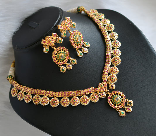 Gold tone pink-green real uncut polki stone necklace set dj-20899