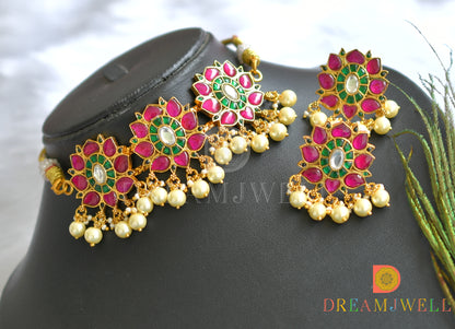 Gold tone pink-green-white kundan jadau Lotus choker necklace set dj-37677