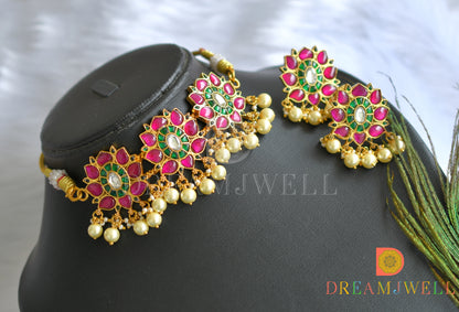 Gold tone pink-green-white kundan jadau Lotus choker necklace set dj-37677