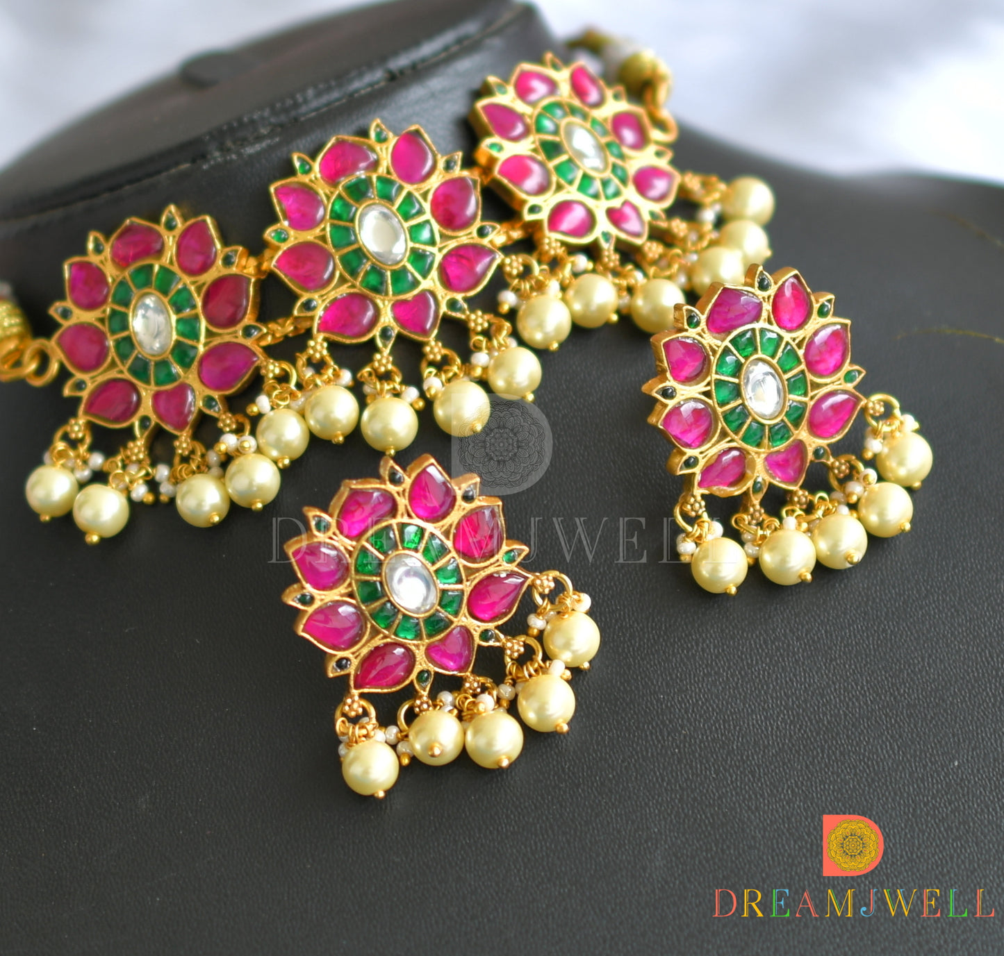 Gold tone pink-green-white kundan jadau Lotus choker necklace set dj-37677