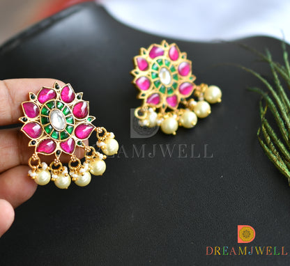 Gold tone pink-green-white kundan jadau Lotus choker necklace set dj-37677