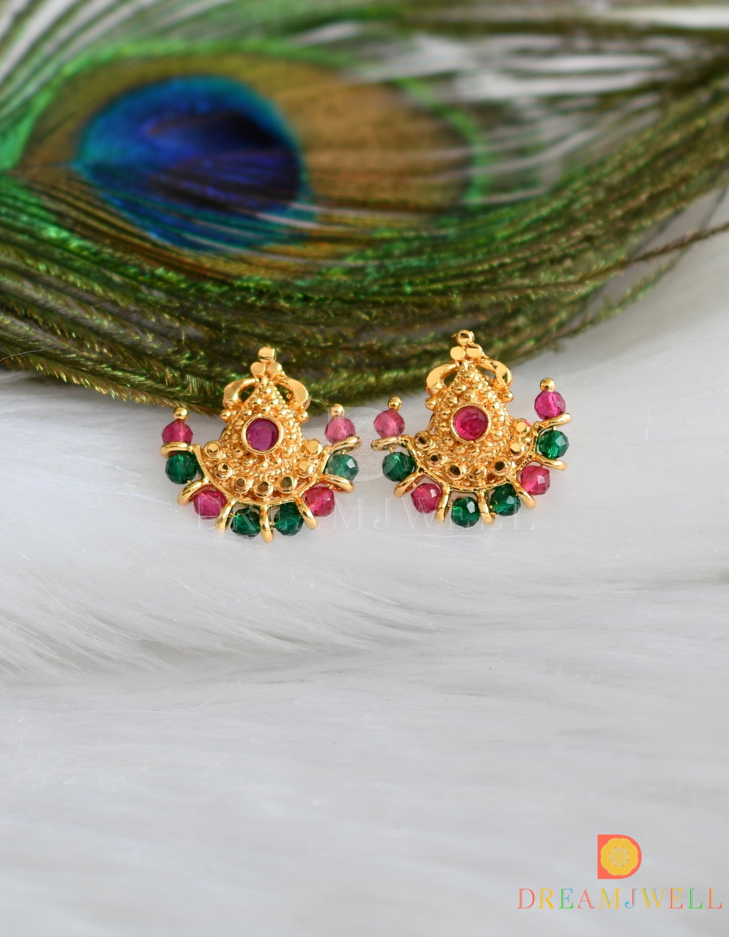 Gold tone pink-green moon earrings dj-38501