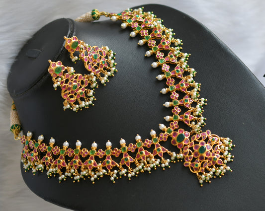 Gold tone ruby-emerald real uncut polki stone necklace set dj-20897