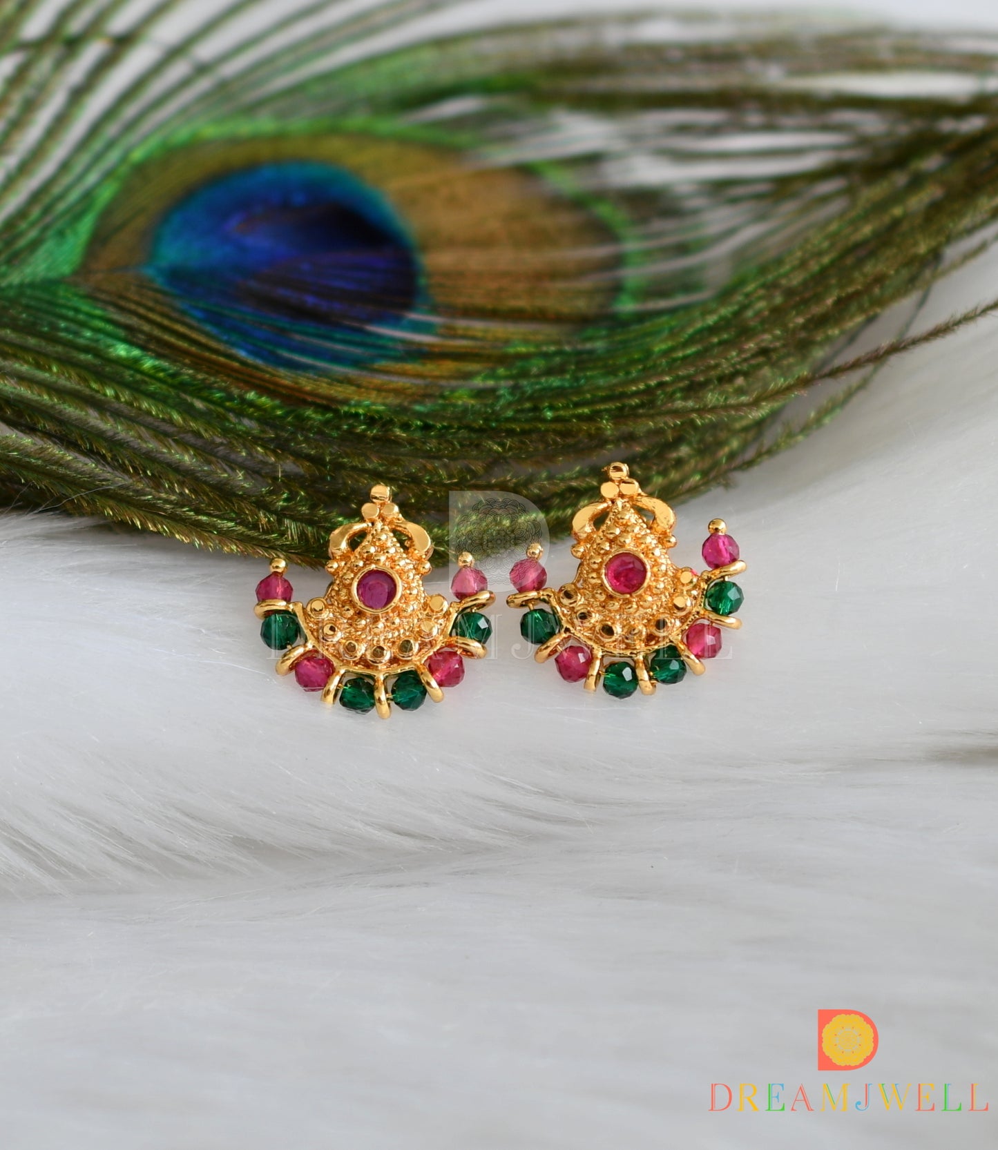 Gold tone pink-green moon earrings dj-38501