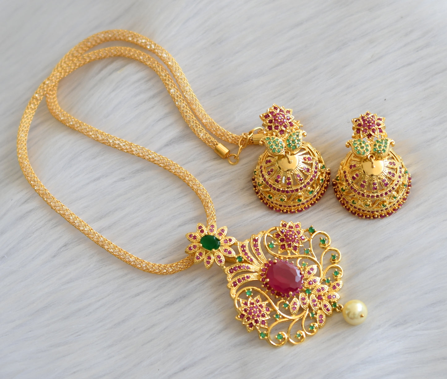 Gold tone ruby-emerald mango necklace set dj-08034