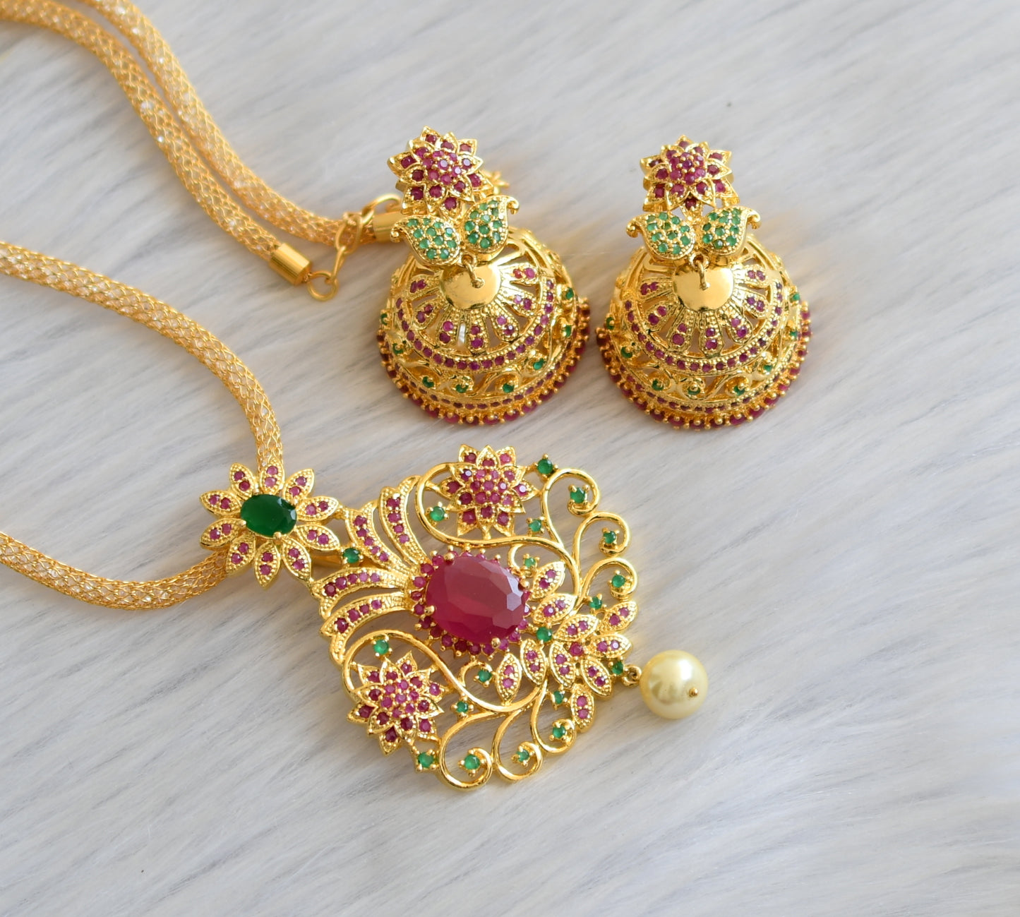 Gold tone ruby-emerald mango necklace set dj-08034