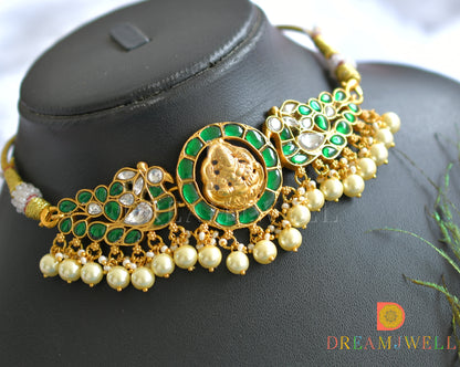 Gold tone green-white kundan jadau Lakshmi-peacock choker dj-37681