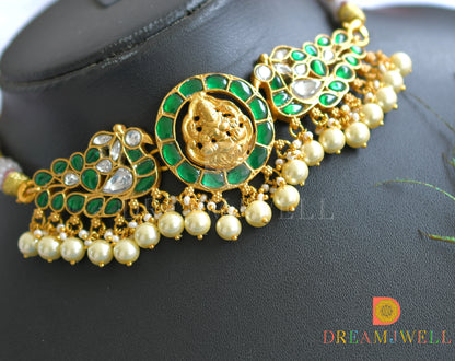 Gold tone green-white kundan jadau Lakshmi-peacock choker dj-37681