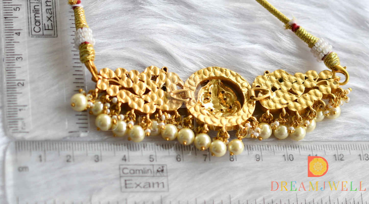 Gold tone green-white kundan jadau Lakshmi-peacock choker dj-37681