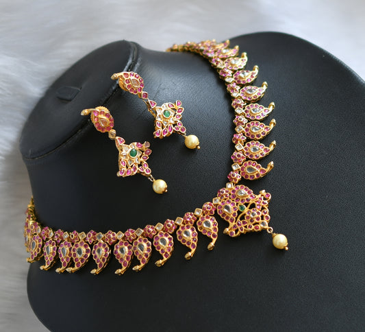 Gold tone ruby-emerald real uncut polki stone mango necklace set dj-20898
