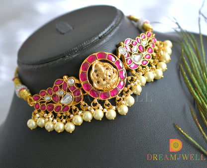 Gold tone pink-white kundan jadau Lakshmi-peacock choker dj-37683