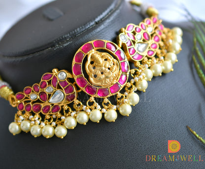 Gold tone pink-white kundan jadau Lakshmi-peacock choker dj-37683