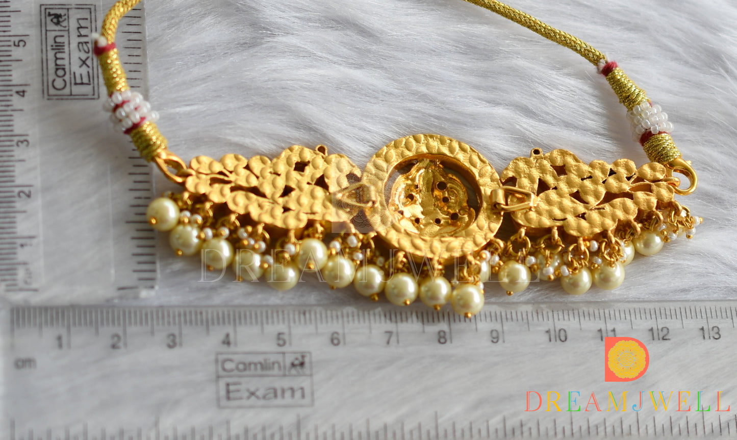 Gold tone pink-white kundan jadau Lakshmi-peacock choker dj-37683