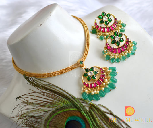 Gold tone flower pink-green-white kundan jadau necklace set dj-37679