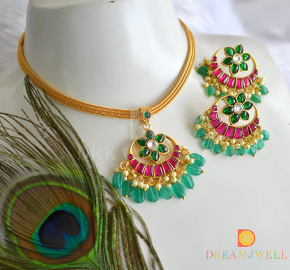 Gold tone flower pink-green-white kundan jadau necklace set dj-37679